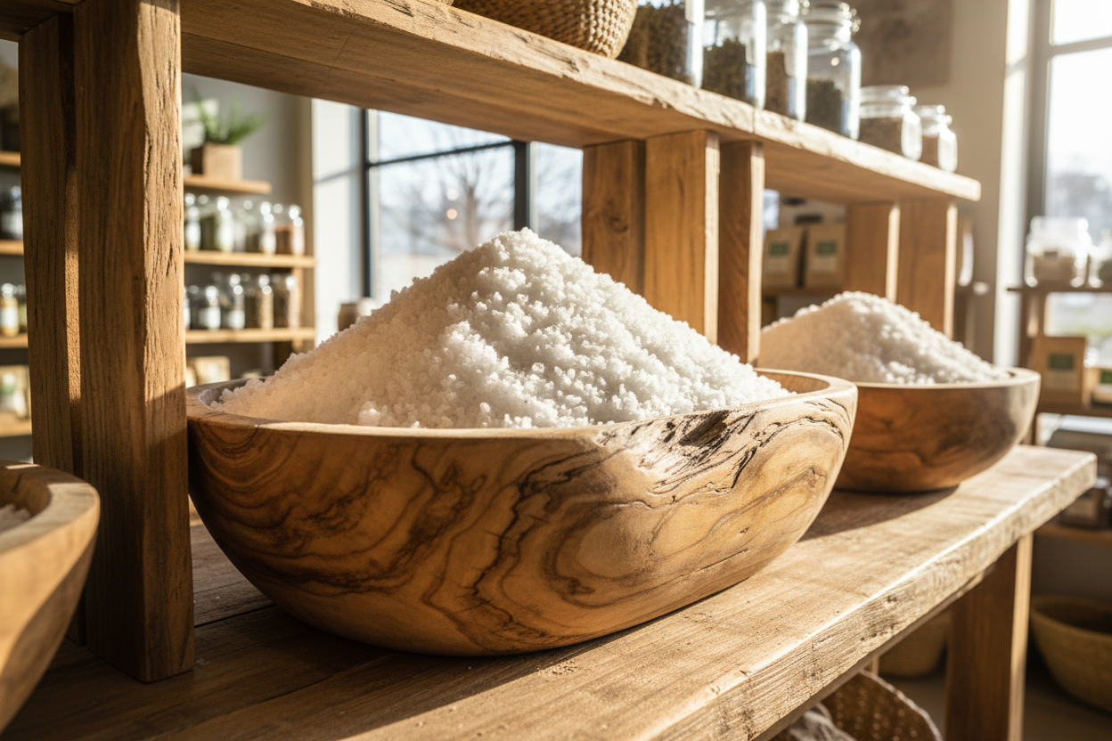 white coarse grain salt at an organic store, use an organic wood display for salt